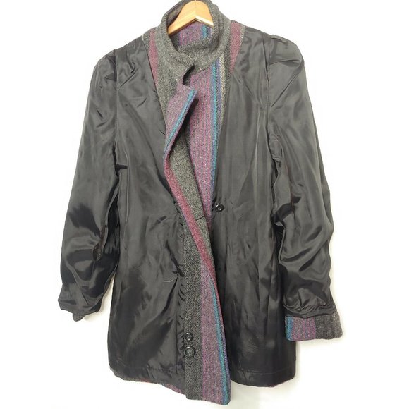 Vintage 1980s Womens 11 Winter Coat Wool Gray Purple Stripe Button Uruguay Mid - Picture 8 of 12